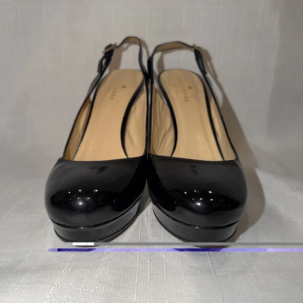 KATE SPADE Black Patent Leather Slingback Heel Platform Stiletto Italy Size 8 B